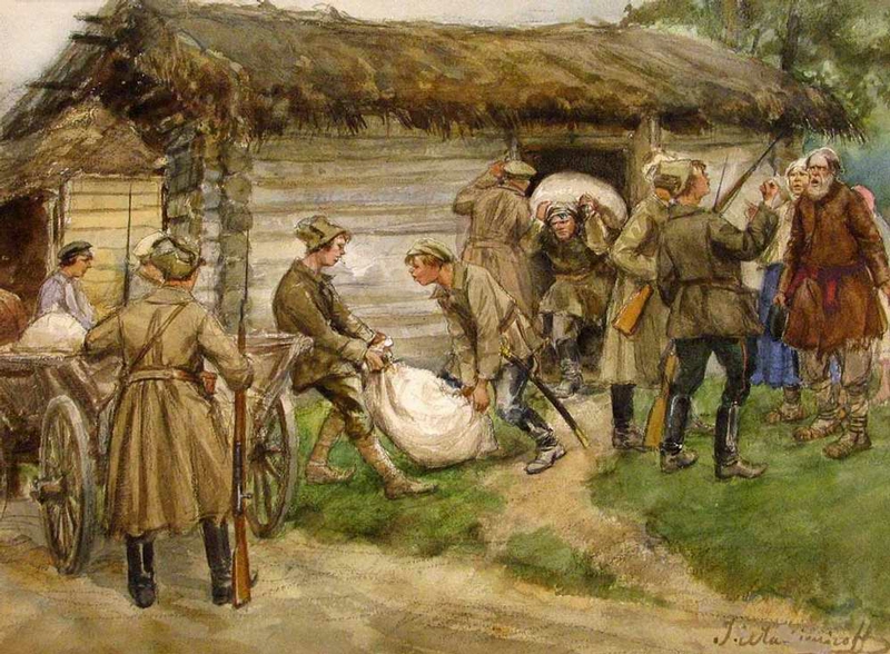 Bolcheviques requisando grano a campesinos, en una obra del pintor lituano Ivan Vladimirov (1869-1947). Estas requisas provocaban un gran descontento y fueron, en gran medida, causantes de la letal hambruna de 1921 y 1922.