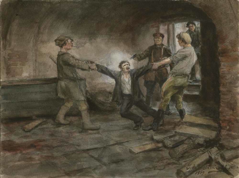 Chekistas bolcheviques asesinando a un detenido, en una obra del pintor lituano Ivan Vladimirov (1869-1947).